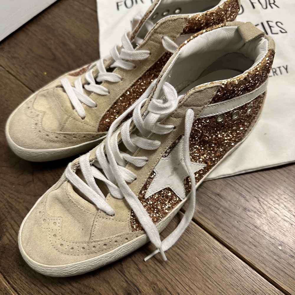 Mid Star Golden Goose Rose Gold Sparkle Sneakers